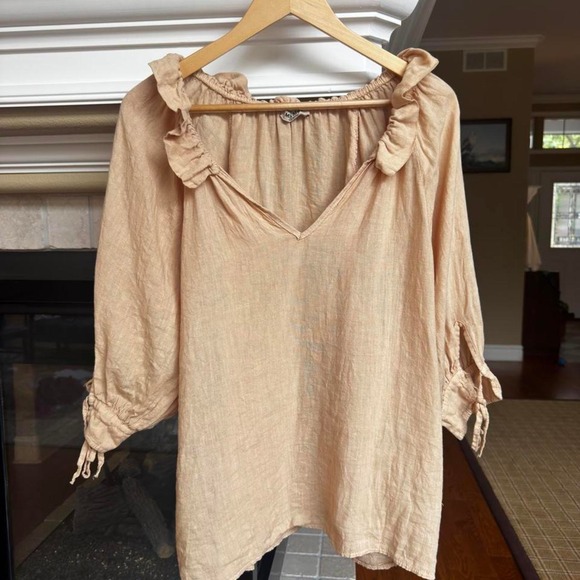 Meo Meli Tops - Meo Meli Linen V-Neck Ruffle Collar Tie Puff Sleeve Top Made in Italy Size XL